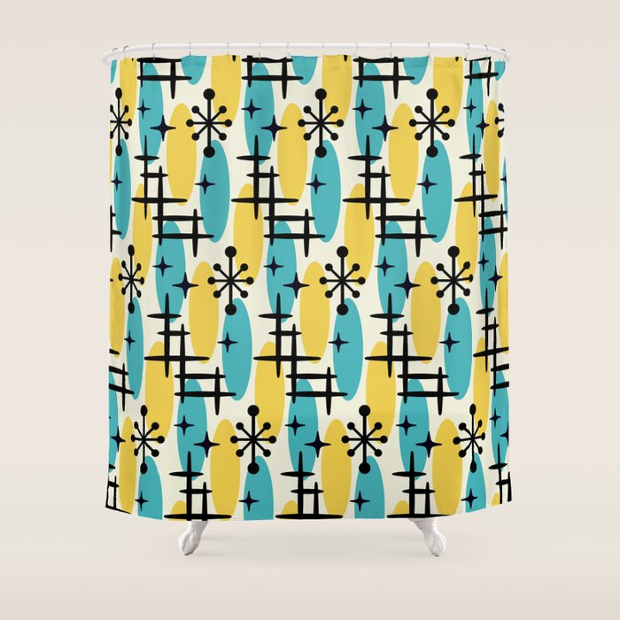 Retro Mid Century Modern Googie Design 231 Turquoise And Yellow Shower Curtain