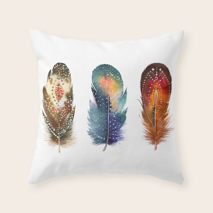 Colorful Magical Mystical Feathers Watercolor Painting Nature Tribal Patterns White Background Throw Pillow