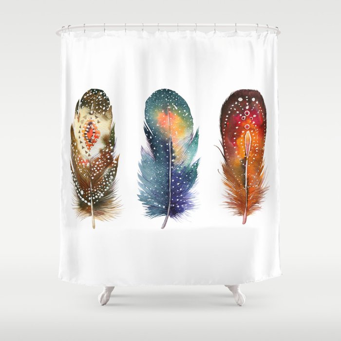 Colorful Magical Mystical Feathers Watercolor Painting Nature Tribal Patterns White Background Shower Curtain