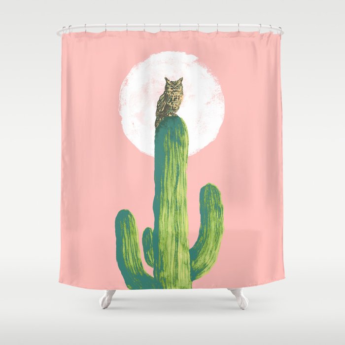 Quirky Owl On Saguaro Cactus Shower Curtain
