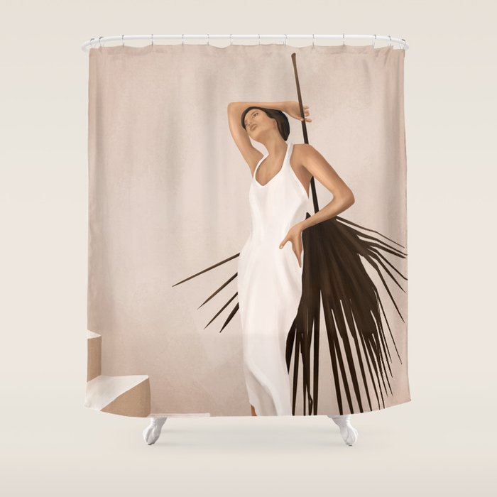 Minimal Woman With A Palm Leaf Shower Curtain