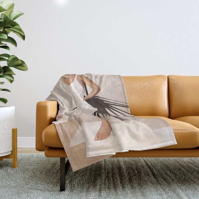 Minimal Woman With A Palm Leaf Throw Blanket