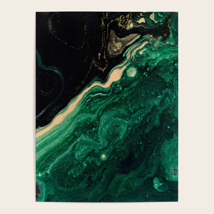 Abstract Pour Painting Liquid Marble Abstract Dark Green Painting Gold Accent Agate Stone Layers Poster