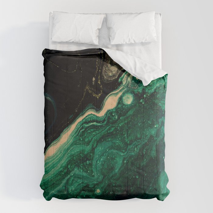 Abstract Pour Painting Liquid Marble Abstract Dark Green Painting Gold Accent Agate Stone Layers Comforter