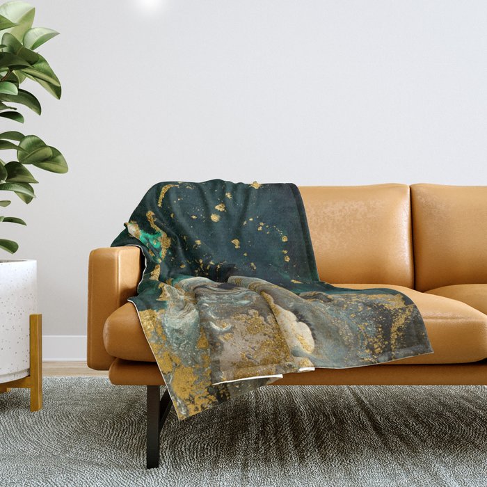 Abstract Pour Painting Liquid Marble Abstract Dark Green Painting Gold Accent Agate Stone Layers Throw Blanket