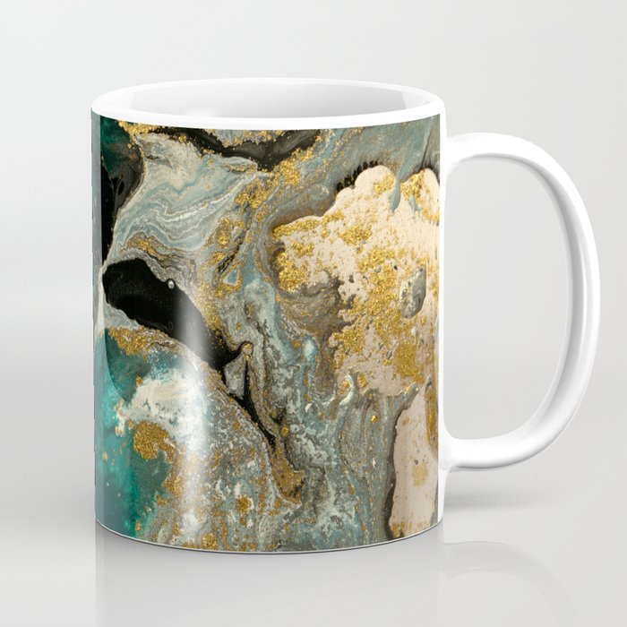 Abstract Pour Painting Liquid Marble Abstract Dark Green Painting Gold Accent Agate Stone Layers Coffee Mug