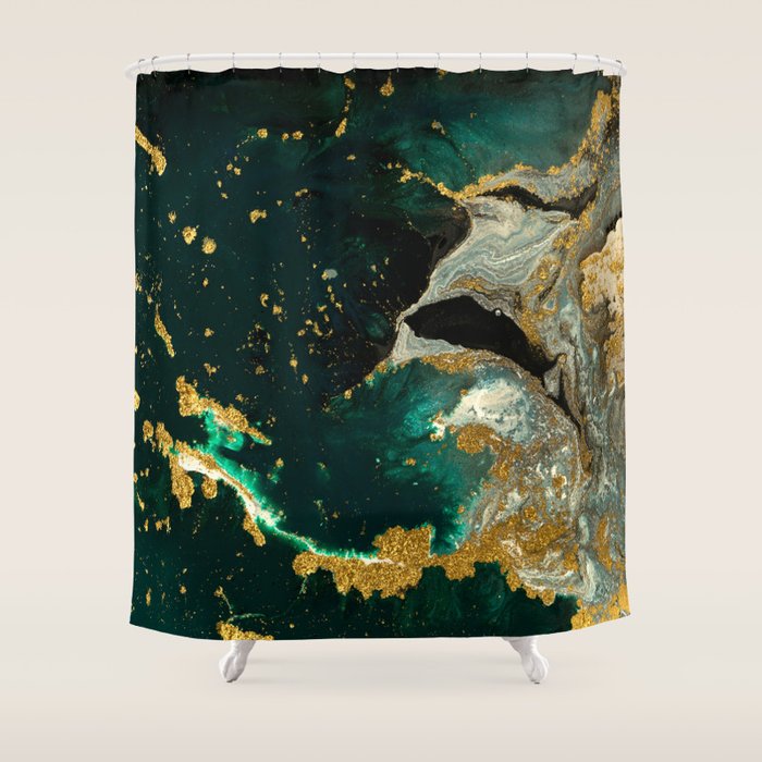 Abstract Pour Painting Liquid Marble Abstract Dark Green Painting Gold Accent Agate Stone Layers Shower Curtain