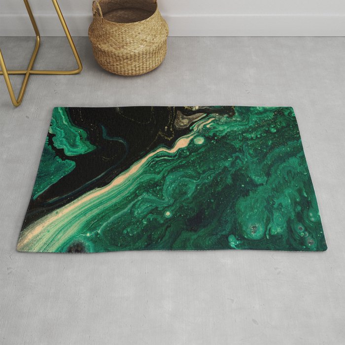 Abstract Pour Painting Liquid Marble Abstract Dark Green Painting Gold Accent Agate Stone Layers Rug