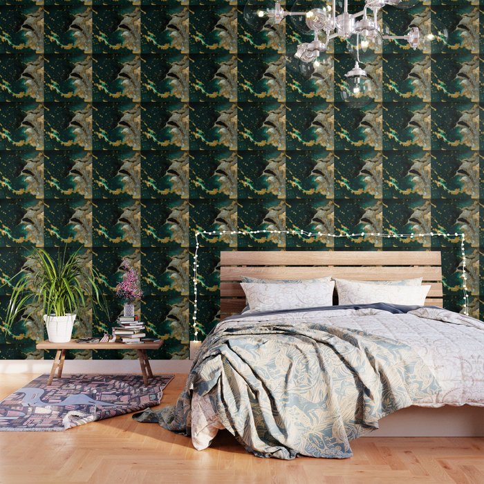 Abstract Pour Painting Liquid Marble Abstract Dark Green Painting Gold Accent Agate Stone Layers Wallpaper