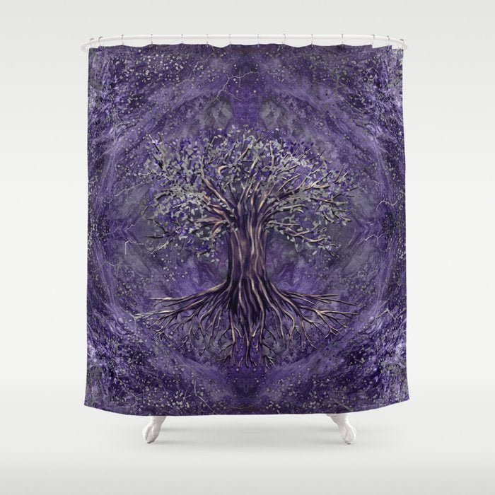 Tree Of Life -Yggdrasil Amethyst And Silver Shower Curtain