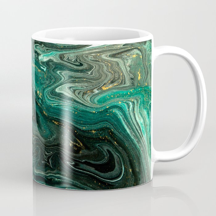 Abstract Pour Painting Liquid Marble Dark Green Teal Painting Gold Accent Coffee Mug