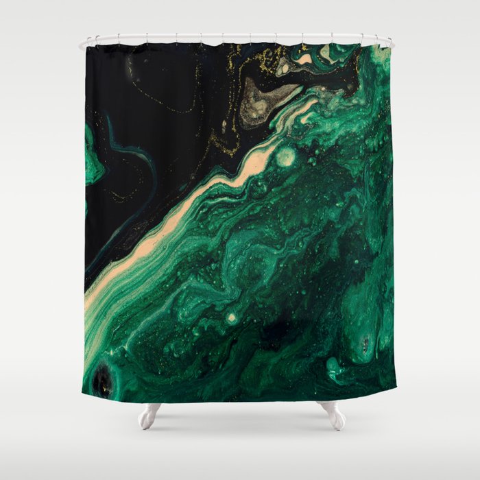 Abstract Pour Painting Liquid Marble Abstract Dark Green Painting Gold Accent Agate Stone Layers Shower Curtain