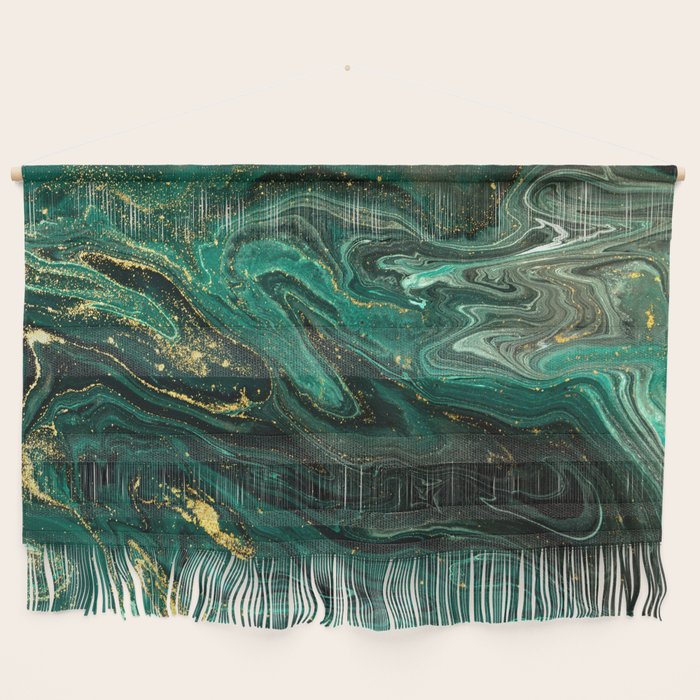 Abstract Pour Painting Liquid Marble Dark Green Teal Painting Gold Accent Wall Hanging