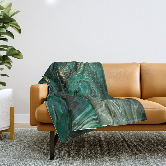 Abstract Pour Painting Liquid Marble Dark Green Teal Painting Gold Accent Throw Blanket