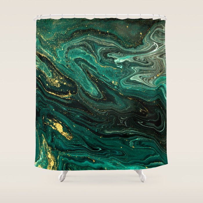 Abstract Pour Painting Liquid Marble Dark Green Teal Painting Gold Accent Shower Curtain