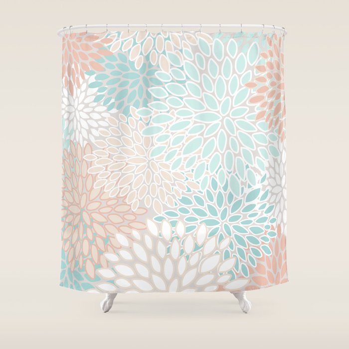 Floral Prints, Soft, Peach And Teal, Modern Print Art Shower Curtain