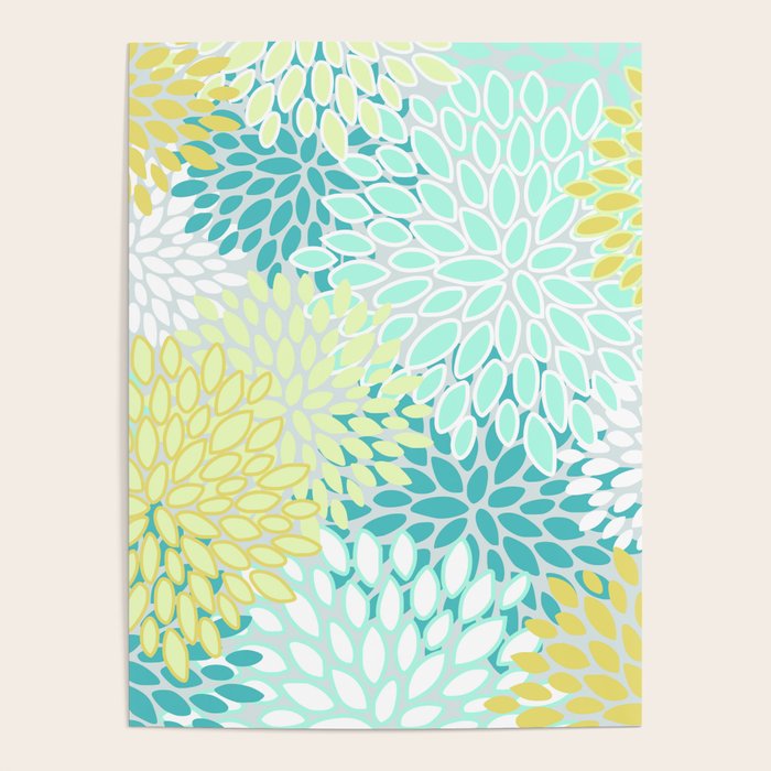 Floral Prints, Teal, Turquoise And Yellow Poster