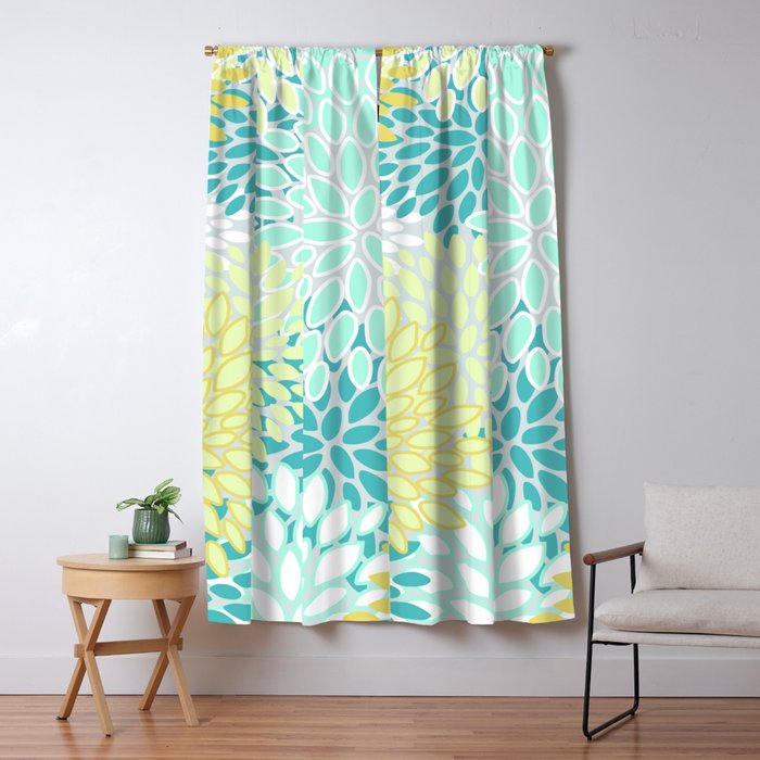 Floral Prints, Teal, Turquoise And Yellow Window Curtain