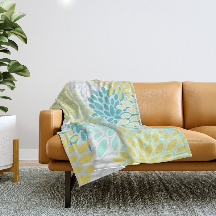 Floral Prints, Teal, Turquoise And Yellow Throw Blanket