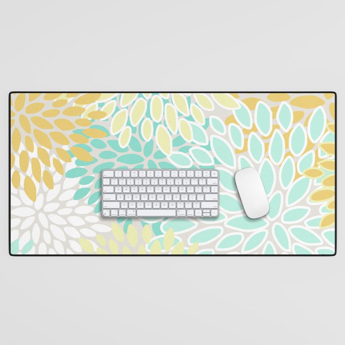 Floral Prints, Mint Green And Yellow, Modern Print Art Desk Mat