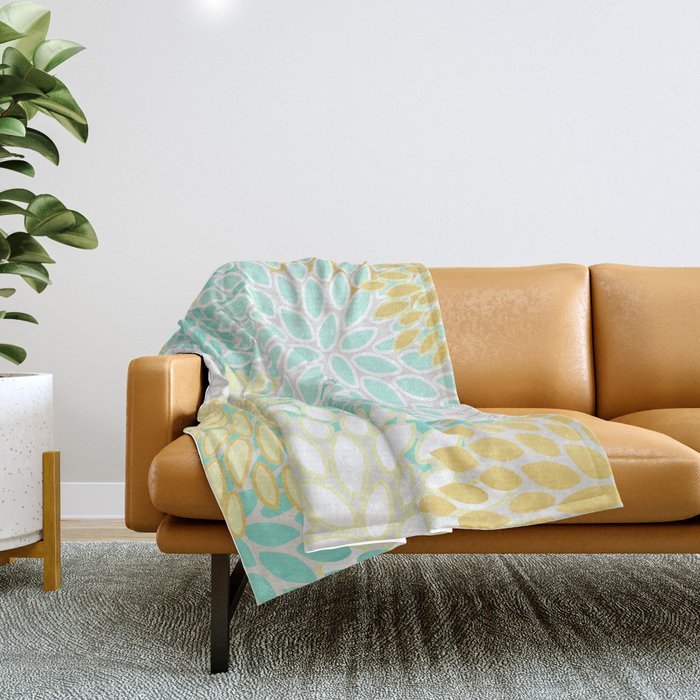 Floral Prints, Mint Green And Yellow, Modern Print Art Throw Blanket