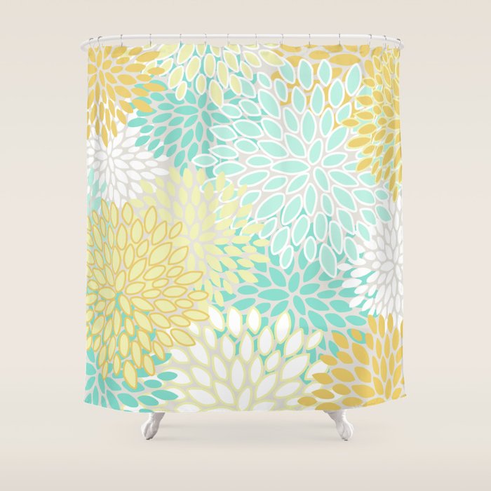 Floral Prints, Mint Green And Yellow, Modern Print Art Shower Curtain