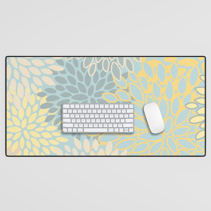 Elegant Blooms: Modern Floral Art In Soft Yellow And Teal Desk Mat