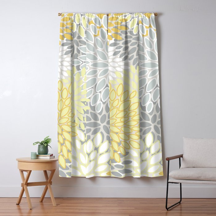 Floral Prints, Soft, Yellow And Gray, Modern Print Art Window Curtain