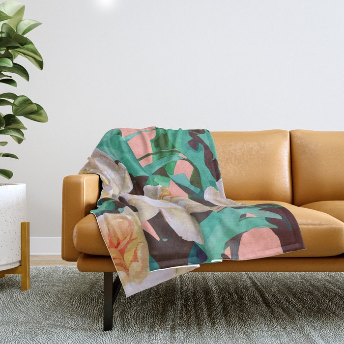 Tropical & White Blossom #Painting #Tropical #Botanical Throw Blanket