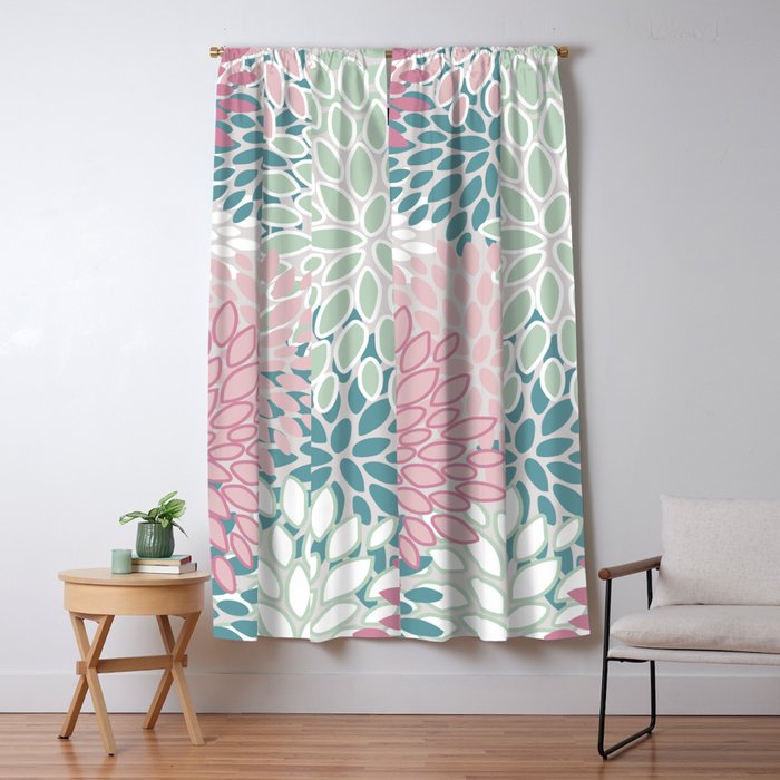 Floral Blooms, Soft Pink, Green And Teal, Design Prints Window Curtain