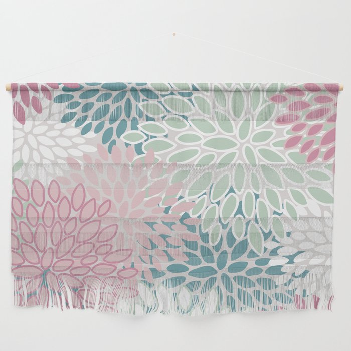 Floral Blooms, Soft Pink, Green And Teal, Design Prints Wall Hanging
