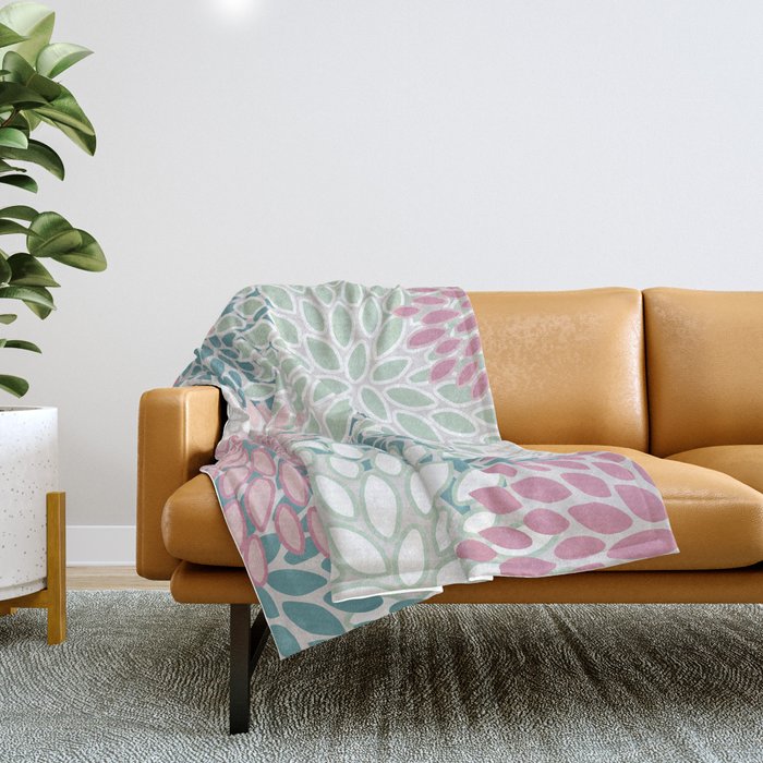 Floral Blooms, Soft Pink, Green And Teal, Design Prints Throw Blanket