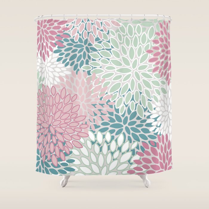Floral Blooms, Soft Pink, Green And Teal, Design Prints Shower Curtain