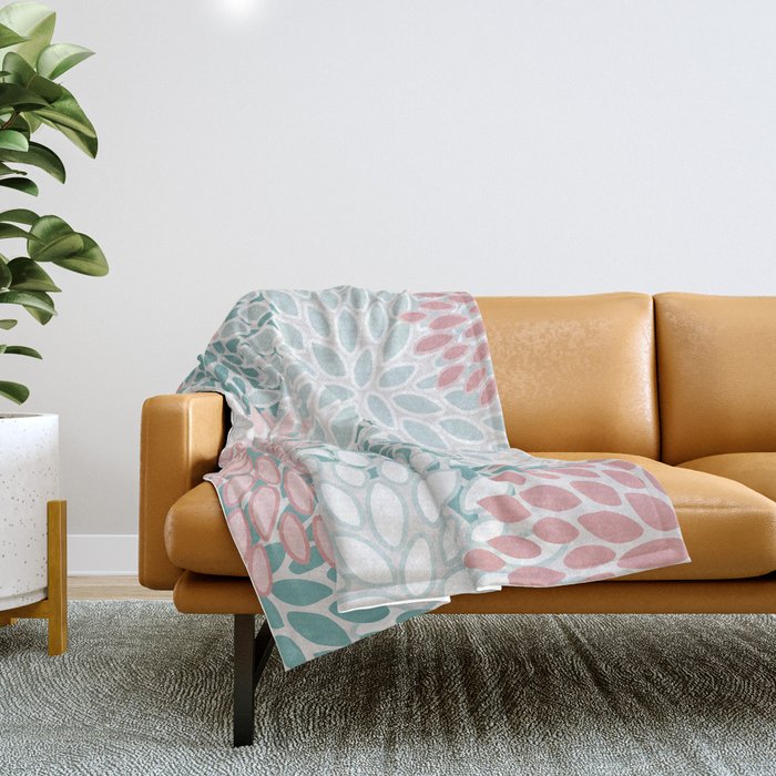 Floral Bloom, Teal, Green, Pink And White Throw Blanket