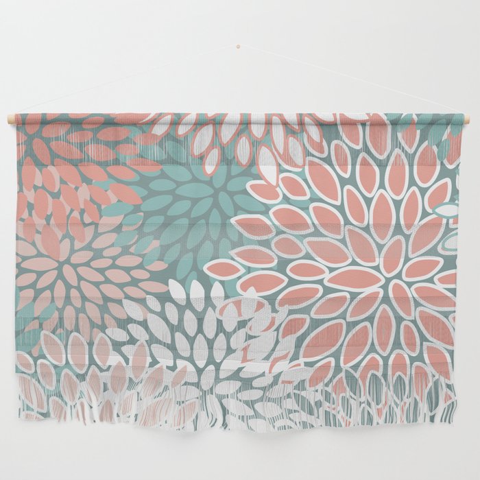 Festive, Floral Prints, Teal And Coral Wall Hanging