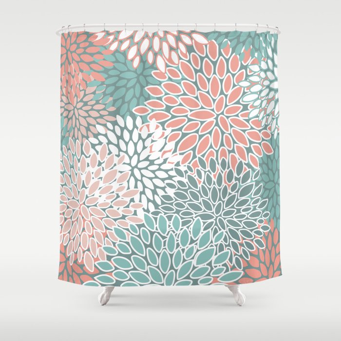 Festive, Floral Prints, Teal And Coral Shower Curtain