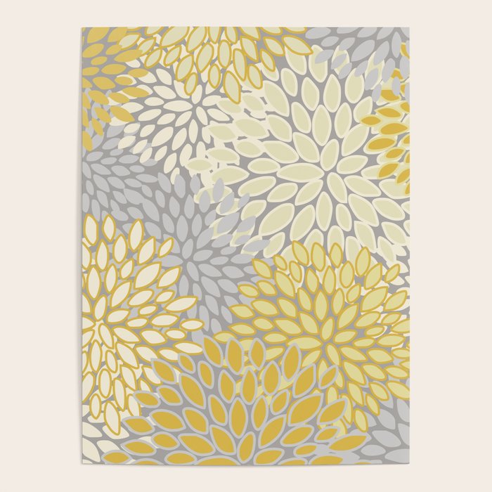 Floral Prints, Soft Yellow And Gray, Modern Print Art Poster