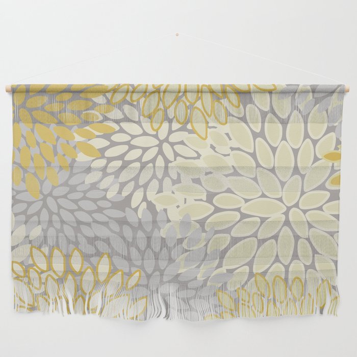 Floral Prints, Soft Yellow And Gray, Modern Print Art Wall Hanging