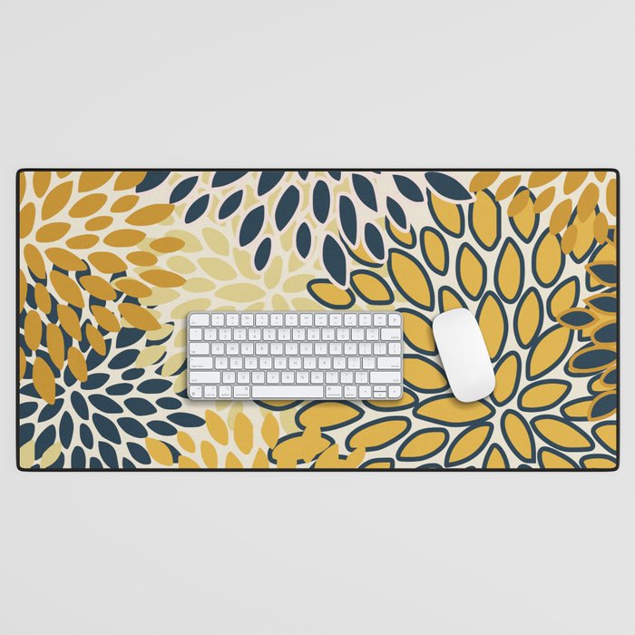 Floral Prints, Abstract Art, Navy Blue And Mustard Yellow, Desk Mat