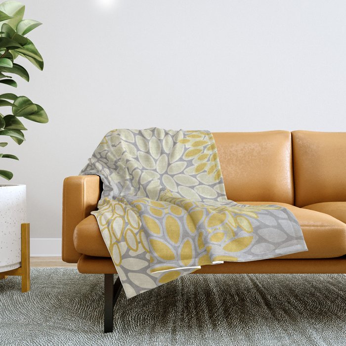 Floral Prints, Soft Yellow And Gray, Modern Print Art Throw Blanket