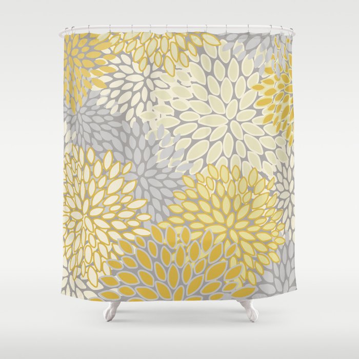 Floral Prints, Soft Yellow And Gray, Modern Print Art Shower Curtain