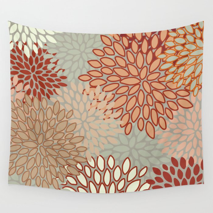 Festive, Floral Prints, Green, Terracotta, Red, Coloured Prints Wall Tapestry