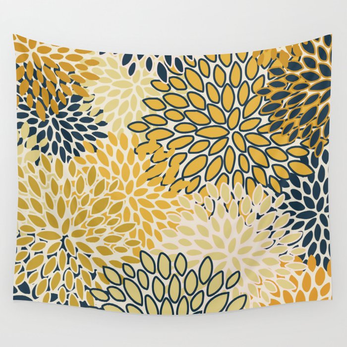 Floral Prints, Abstract Art, Navy Blue And Mustard Yellow, Wall Tapestry