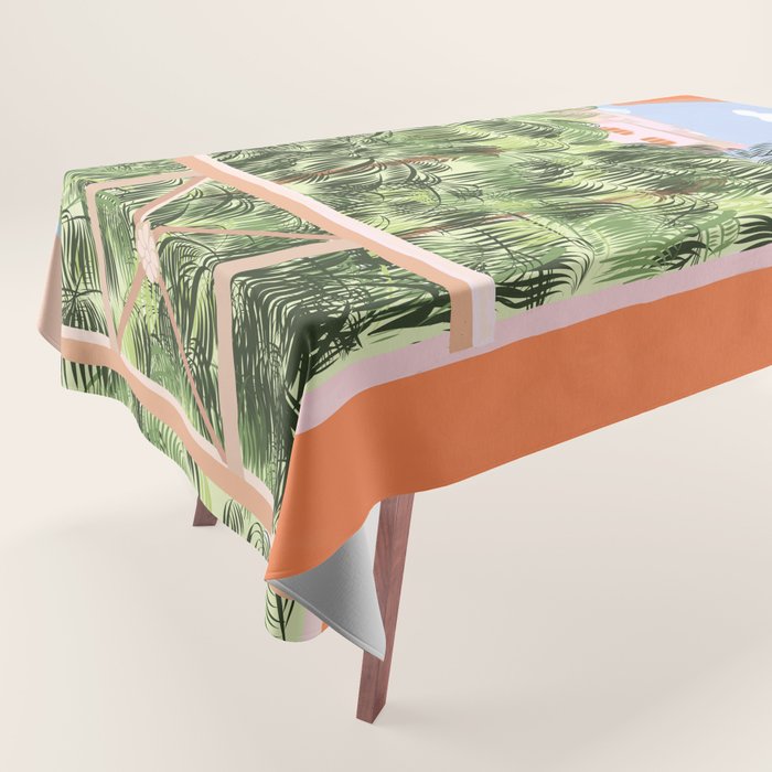 Summer Travel, Tropical Nature Palm Trees, Modern Architecture Palace Illustration Painting Tablecloth