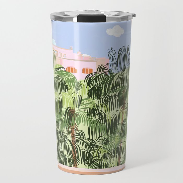 Summer Travel, Tropical Nature Palm Trees, Modern Architecture Palace Illustration Painting Travel Mug