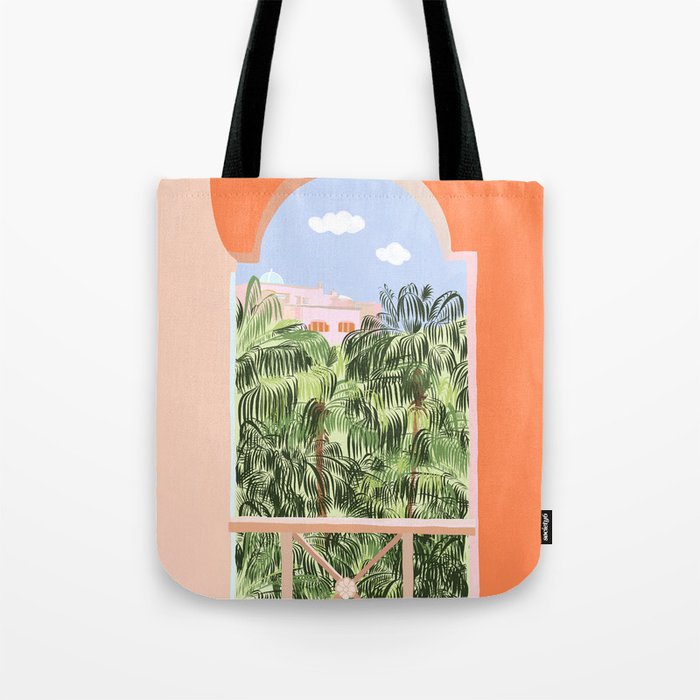 Summer Travel, Tropical Nature Palm Trees, Modern Architecture Palace Illustration Painting Tote Bag