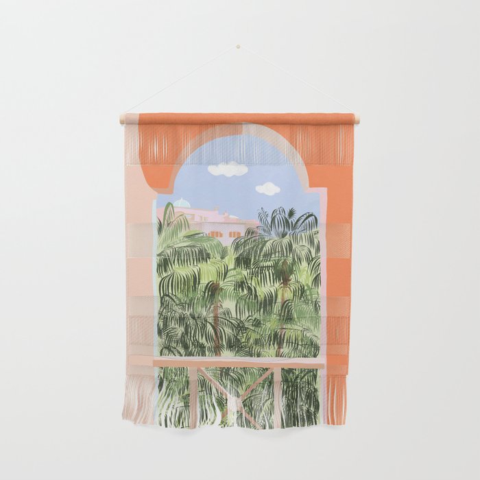 Summer Travel, Tropical Nature Palm Trees, Modern Architecture Palace Illustration Painting Wall Hanging