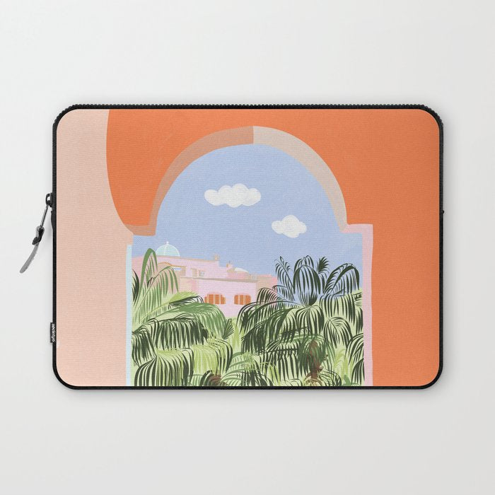 Summer Travel, Tropical Nature Palm Trees, Modern Architecture Palace Illustration Painting Laptop Sleeve