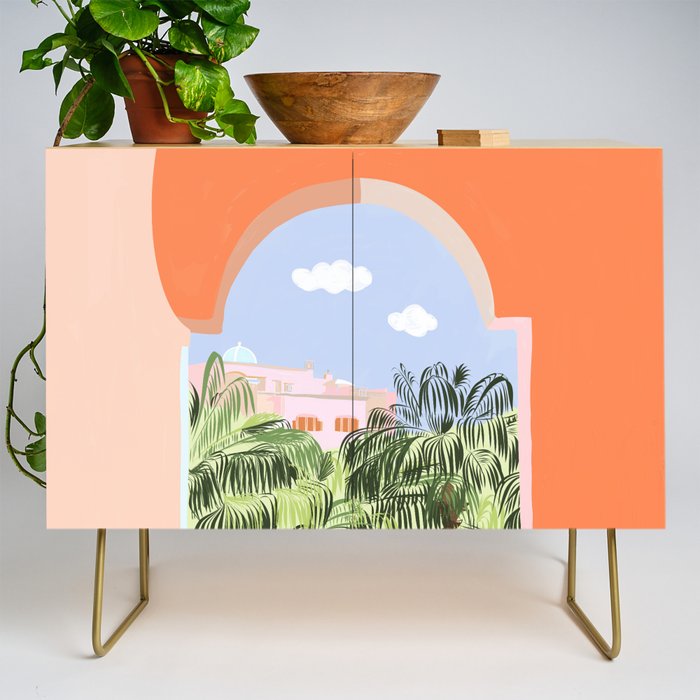 Summer Travel, Tropical Nature Palm Trees, Modern Architecture Palace Illustration Painting Credenza