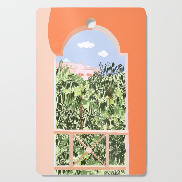 Summer Travel, Tropical Nature Palm Trees, Modern Architecture Palace Illustration Painting Cutting Board